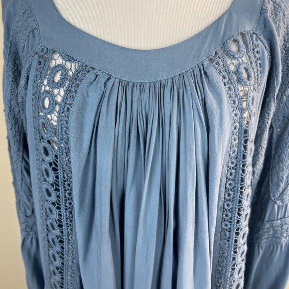 Tempo Paris Blouse Top M Blue Crochet Lace Pleat Boho Peasant Lightweight Womens - Picture 3 of 10